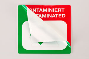 Status Label grün "GEREINIGT / CLEAN" + rot "KONTAMINIERT / CONTAMINATED", 100 x 100 mm,  500 Stck.