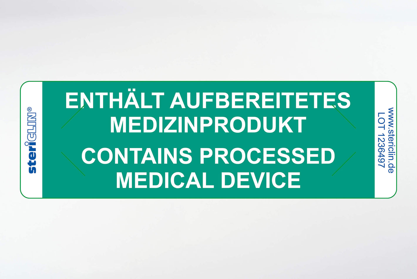 Haftetiketten "ENTHÄLT AUFBEREITETES MEDIZINPRODUKT" und Sicherheitsanstanzung, grün, 80 x 25 mm,  500 Stck.