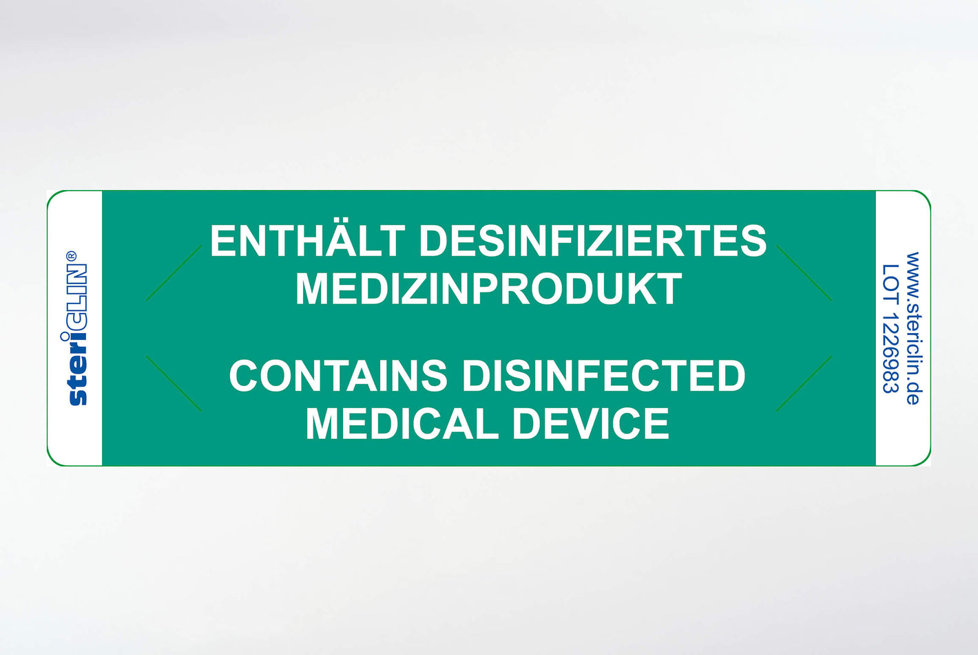 Haftetiketten "ENTHÄLT DESINFIZIERTES MEDIZINPRODUKT" und Sicherheitsanstanzung, grün, 80 x 25 mm,  500 Stck.